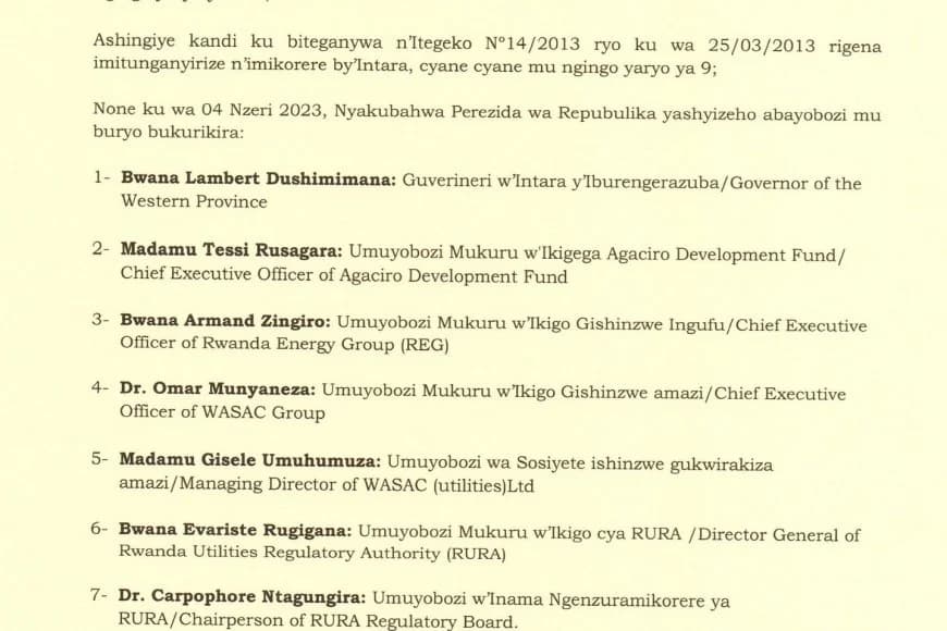 Perezida Kagame yashyizeho abayobozi mu nzego zitandukanye