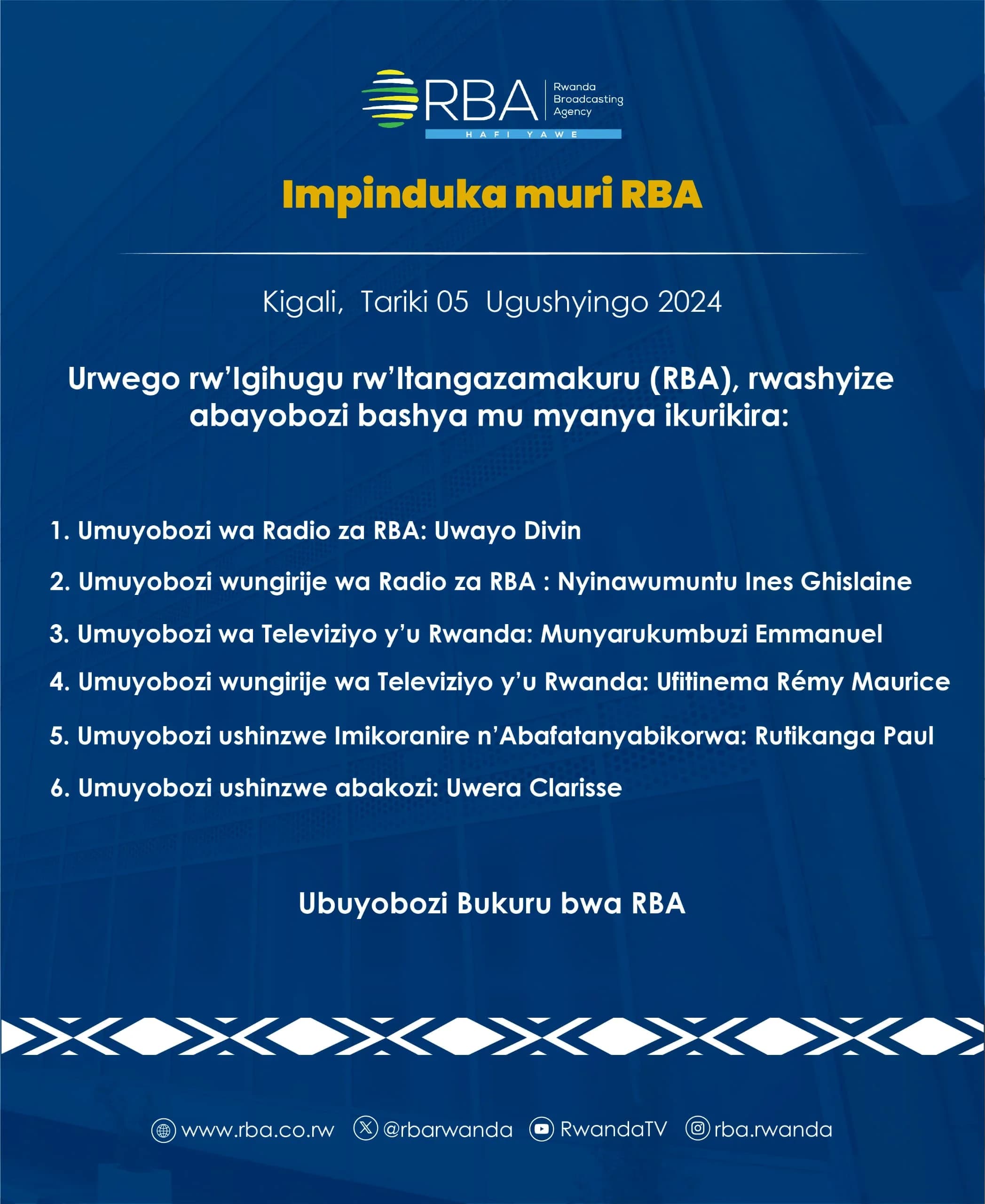 Impinduka mu buyobozi bwa RBA