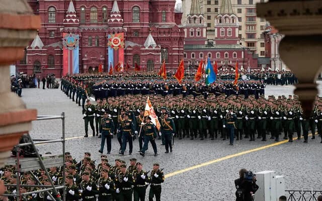 Russian servicemen attend the Victory Day military parade in Moscow, Saturday, May 9, 2026, during celebrations of the 81st anniversary of the Soviet Union's victory over Nazi Germany during World War II. (AP Photo/Alexander Zemlianichenko, Pool)