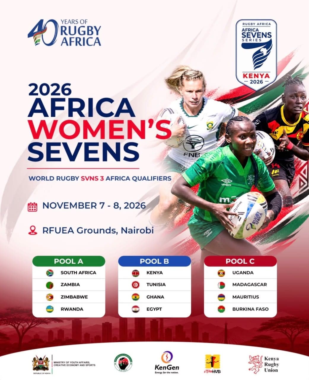 Rwanda have been drawn in Pool A alongside defending champions South Africa, Zambia and Zimbabwe for the 2026 Africa Women’s Sevens, set for November 7–8 at RFUEA Grounds in Nairobi, Kenya.