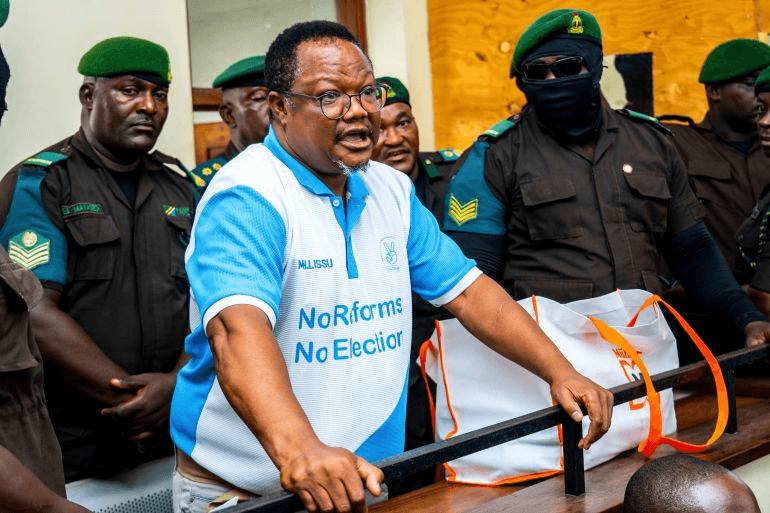 Tanzania’s opposition leader Tundu Lissu appears at Kisutu Magistrate’s Court in Dar es Salaam in May 2025. He has ended a brief hunger strike after being allowed to meet privately with his lawyers.